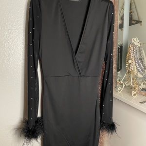 Deep V, rhinestone, feather BLACK dress